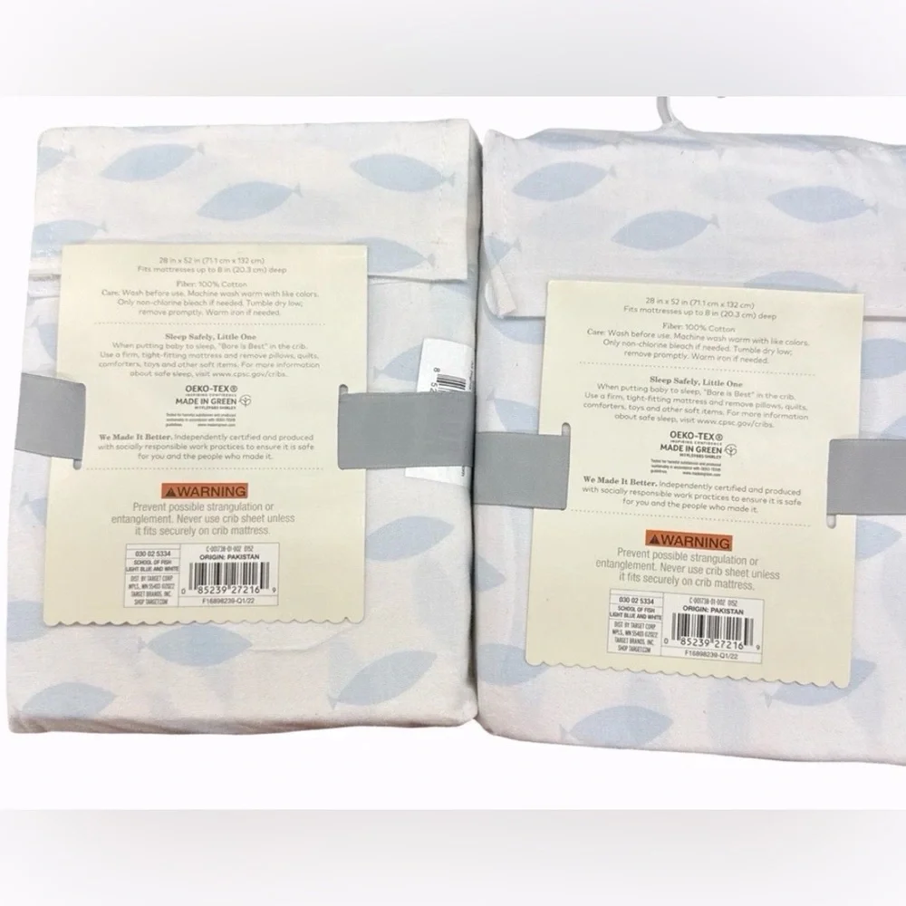 Set of Two Cloud Island Crib Fitted Sheet Light Blue Fish Pattern New with Tag